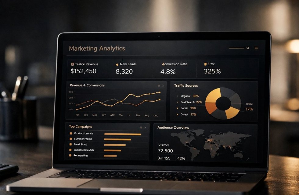 Marketing analytics dashboard on a laptop